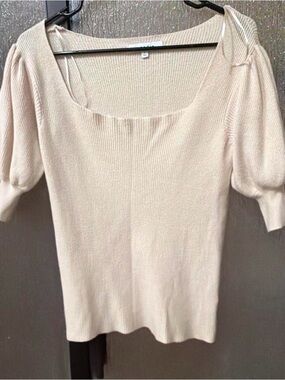 moodie Cream Square Neck Puff Sleeve Ribbed Top